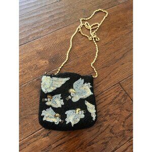 Vintage seed bead angel Crossbody, black gold, silver beaded purse